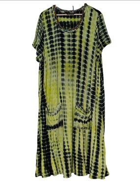 Nina Leonard Neon Yellow Black Tie Dye A-Line Shift Midi Dress 2X Pockets Boho